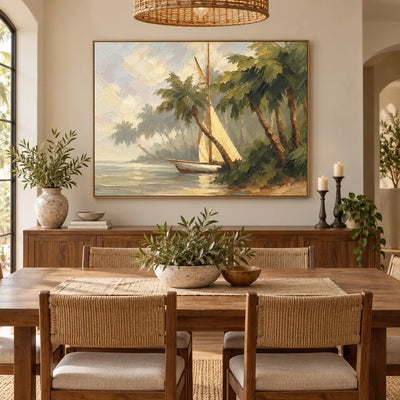 Palms at Anchor over a dining sideboard beneath a woven pendant with cane chairs