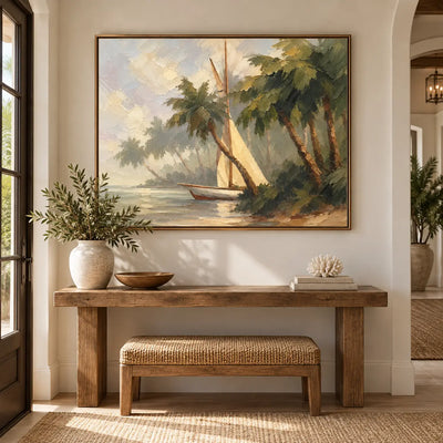 Palms at Anchor above an entry console with a woven bench and a pale coral ornament