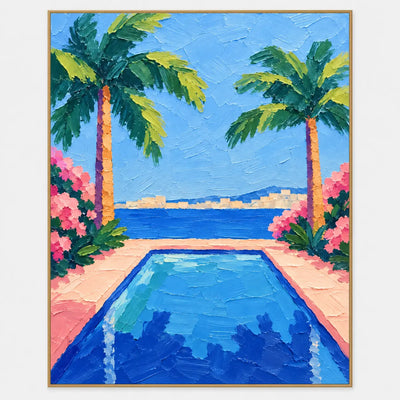 Palms Framing the Bay: Two tall palms flank a blue rectangular pool