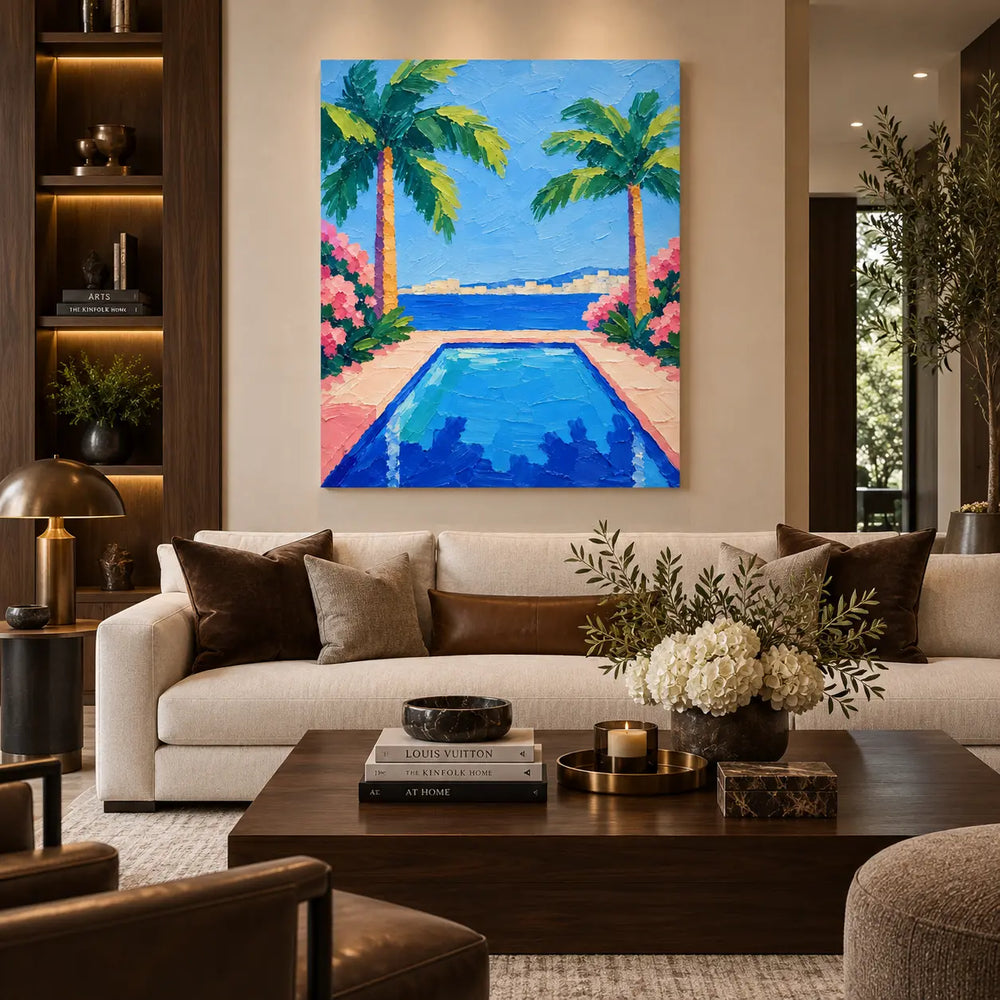 Palms Framing the Bay: above a cream sofa with brown cushions beside dark shelving