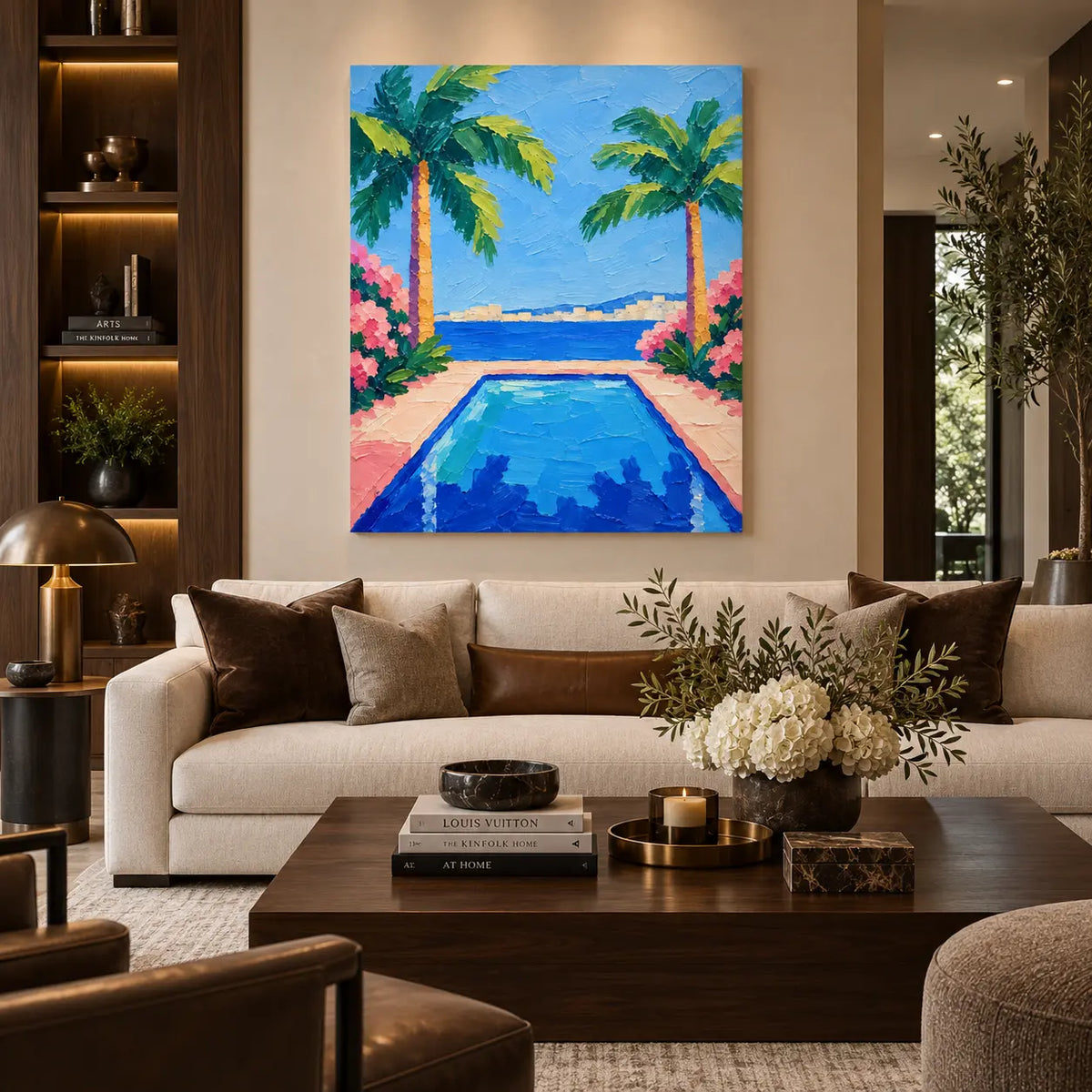 Palms Framing the Bay: above a cream sofa with brown cushions beside dark shelving