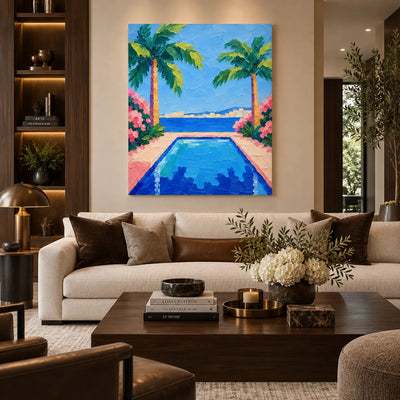 Palms Framing the Bay: above a cream sofa with brown cushions beside dark shelving