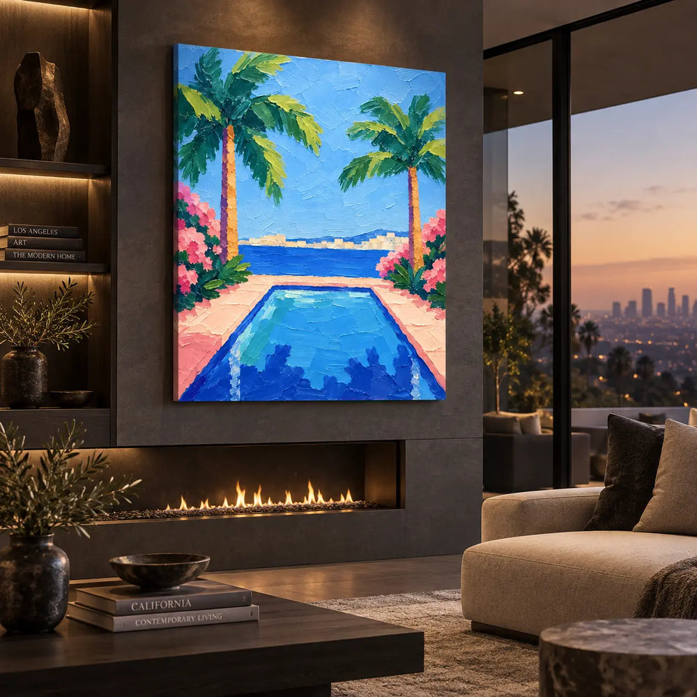 Palms Framing the Bay: above a linear fireplace beside sunset glazing and tan seating