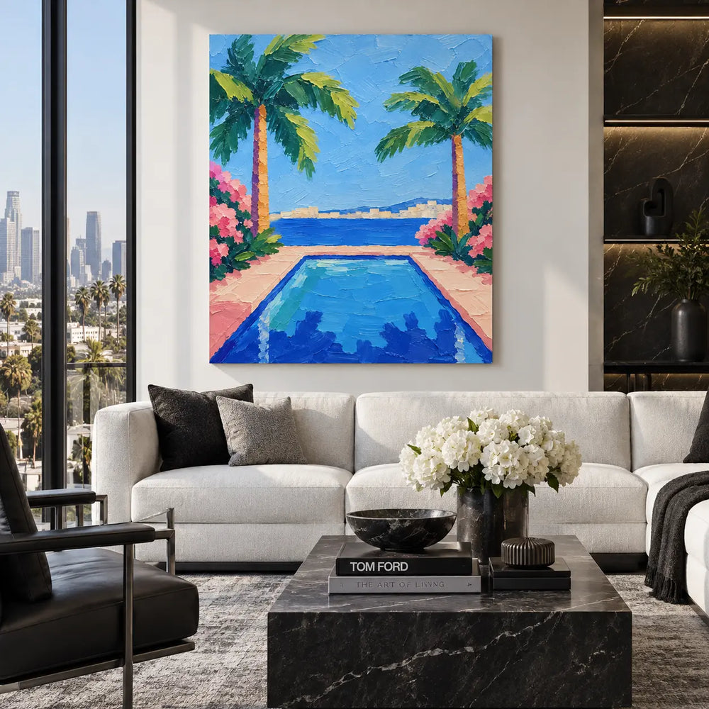 Palms Framing the Bay: above a white sofa with a veined black table and tall window