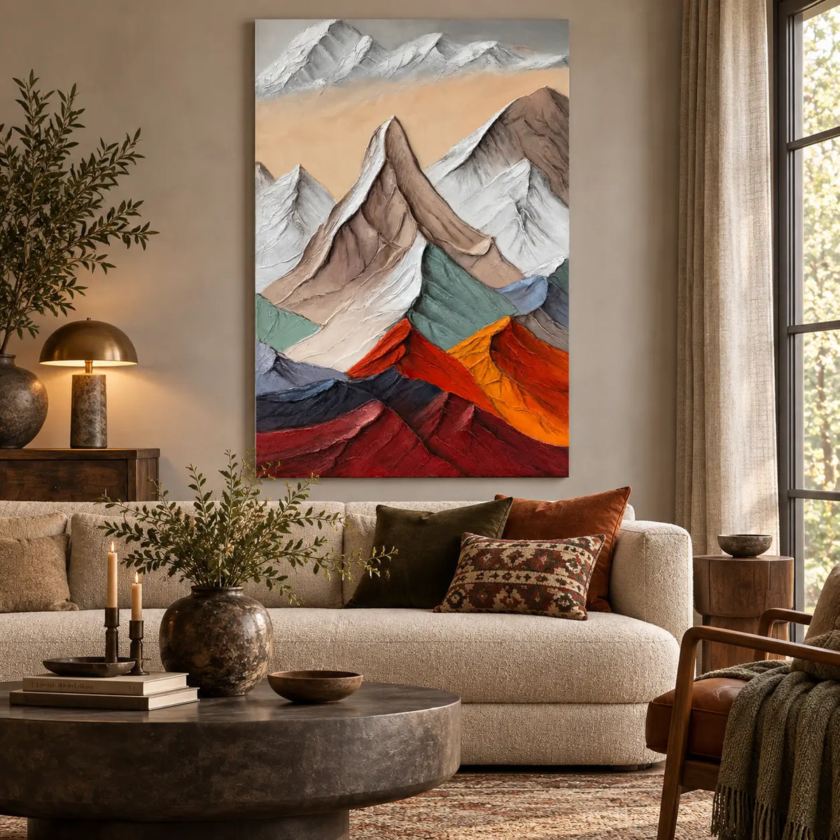 Peaks Above the Ember Range: above a cream sofa with patterned cushions beside a leather chair