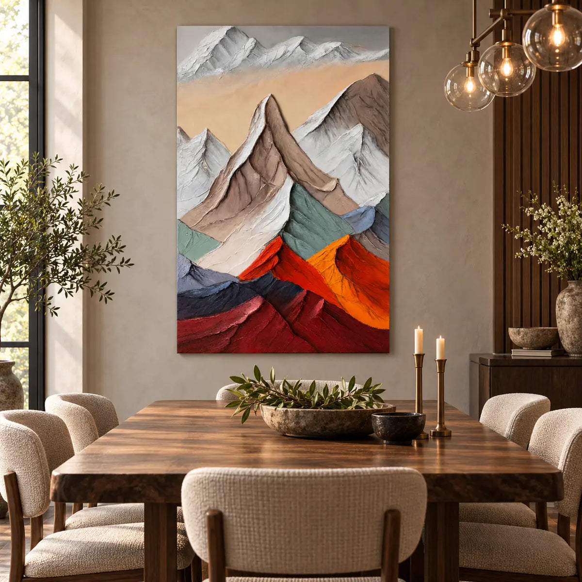 Peaks Above the Ember Range: behind a wood dining table beneath glass globe lights