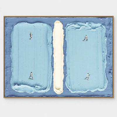 Courts in Parallel: Four tennis players holding rackets across two pale blue fields
