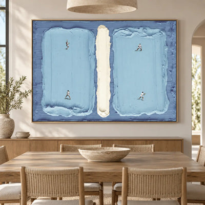 Courts in Parallel above a dining sideboard beneath a broad pale pendant