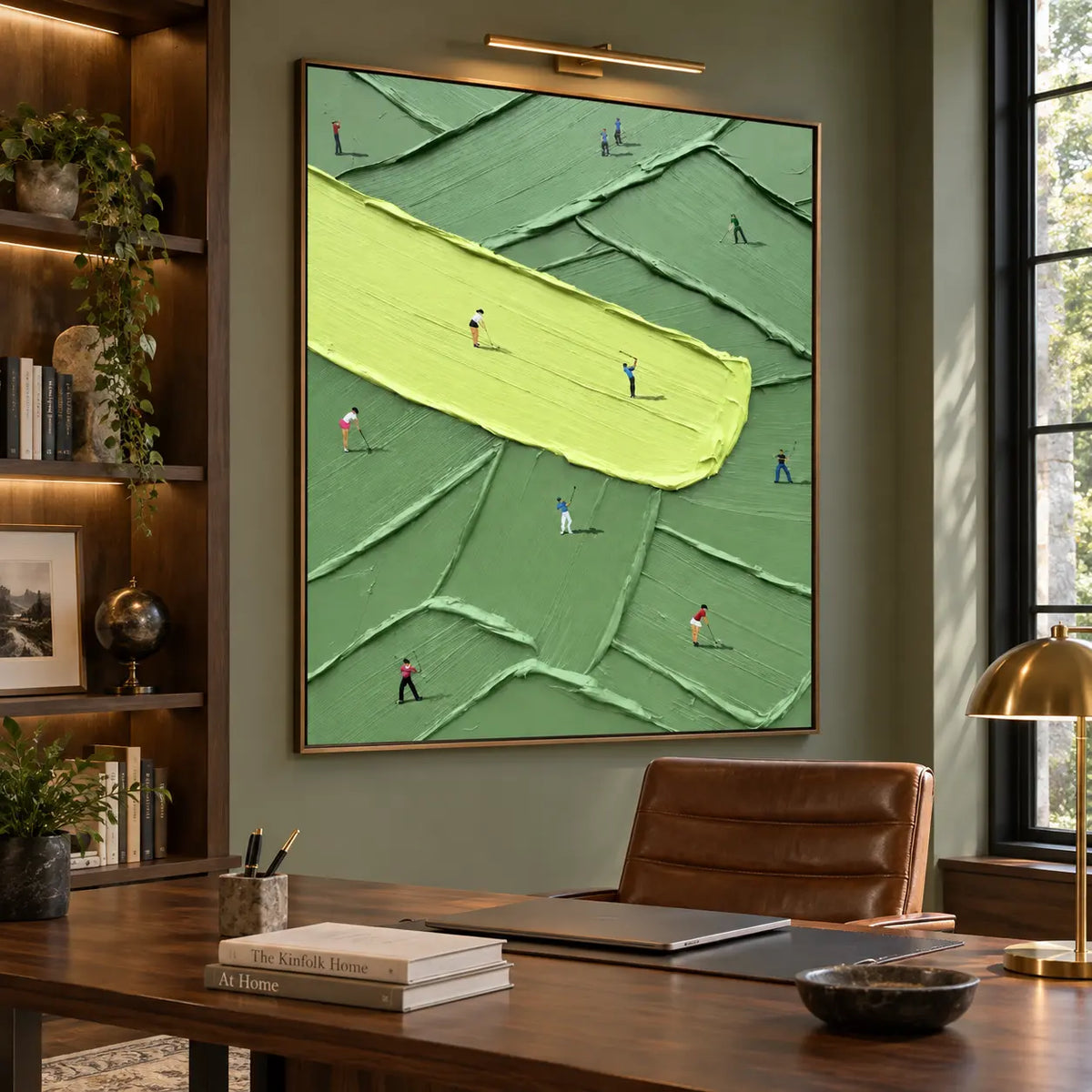 Practice Across a Lime Stroke: above a wood desk and leather chair under a brass picture light
