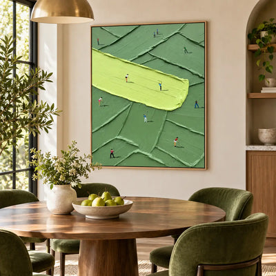 Practice Across a Lime Stroke: beside a round dining table with green velvet chairs and a bowl of pears