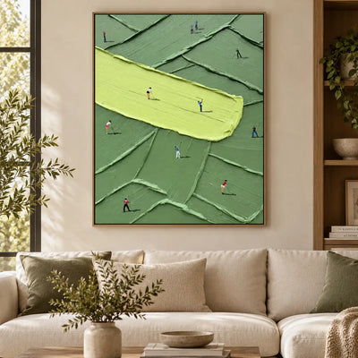 Practice Across a Lime Stroke: above a cream sectional with olive pillows and wood shelves