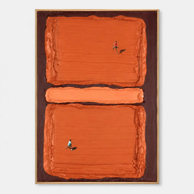 Rally in Burnt Orange: Two tiny players face across broad orange court blocks within a dark brown surround