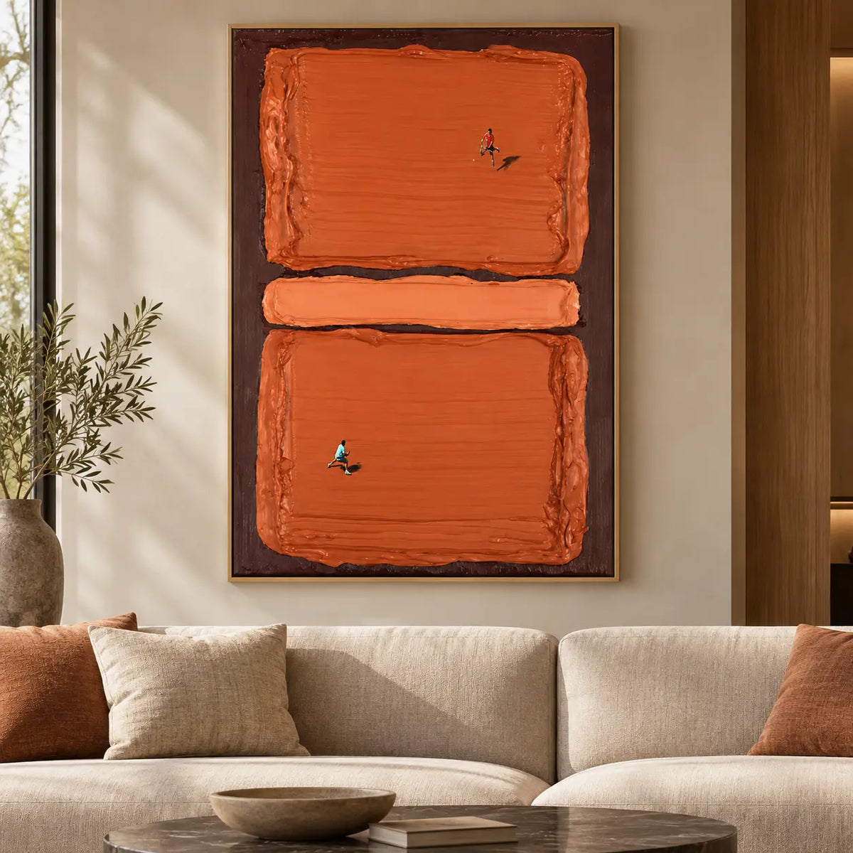 Rally in Burnt Orange: above a cream sofa with rust cushions and an oval stone table