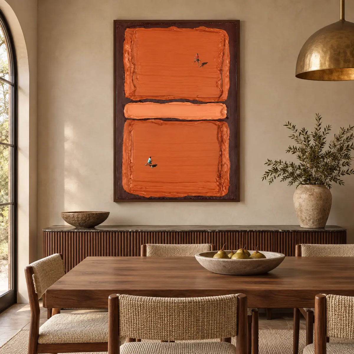 Rally in Burnt Orange: above a fluted dining sideboard behind a wood table