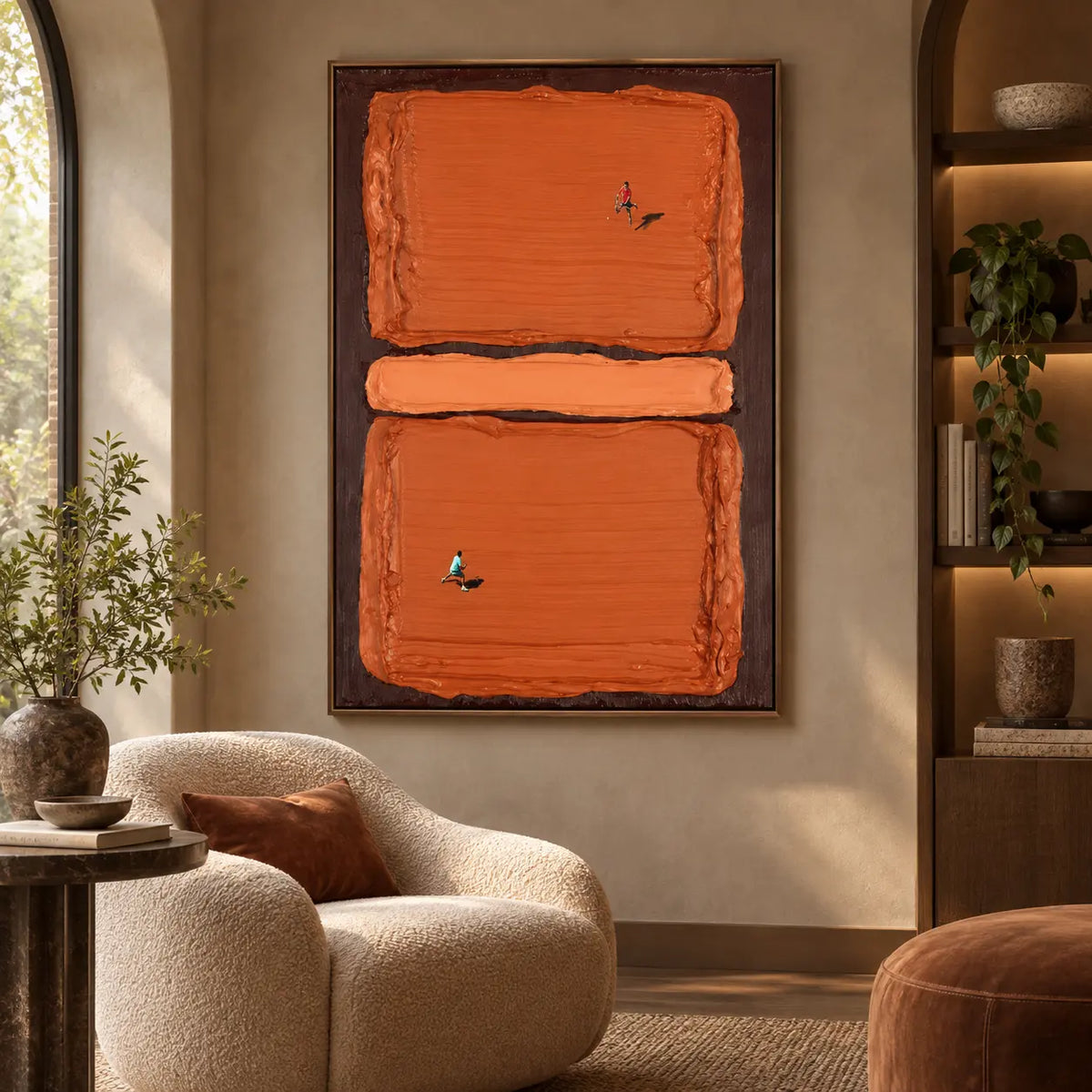 Rally in Burnt Orange: beside a rounded cream armchair with rust cushion and brown ottoman