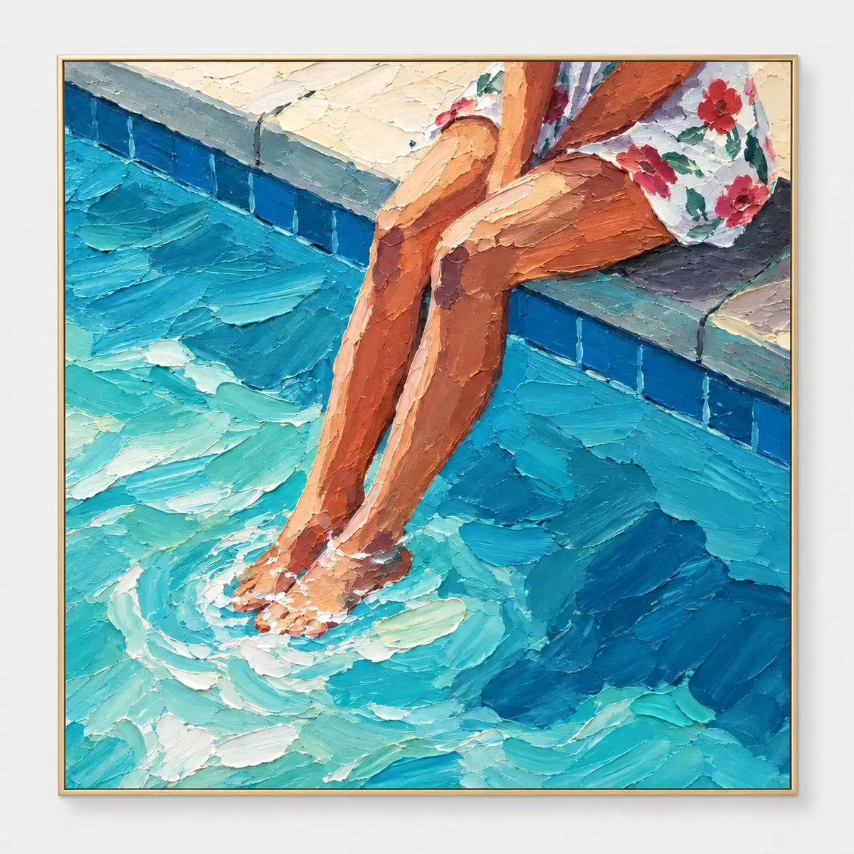 Ripples at Noon: Legs dangling into a blue pool beneath a floral garment
