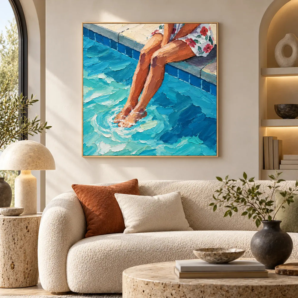 Ripples at Noon above a curved ivory sofa near illuminated display niches