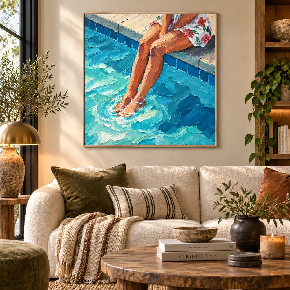 Ripples at Noon above a sofa with olive and striped cushions beside a brass lamp