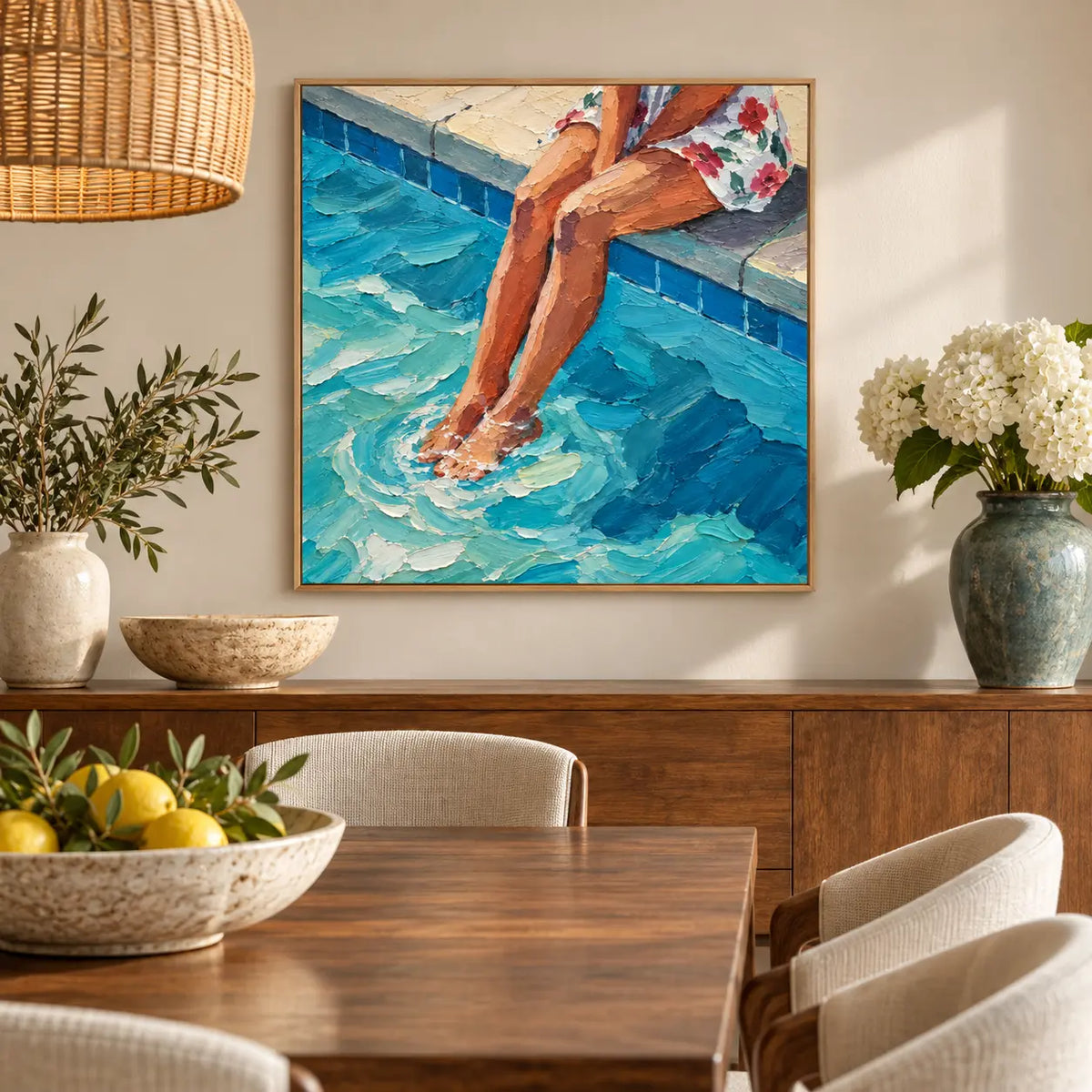 Ripples at Noon above a dining sideboard beside white flowers and a bowl of lemons