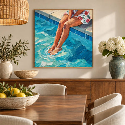 Ripples at Noon above a dining sideboard beside white flowers and a bowl of lemons