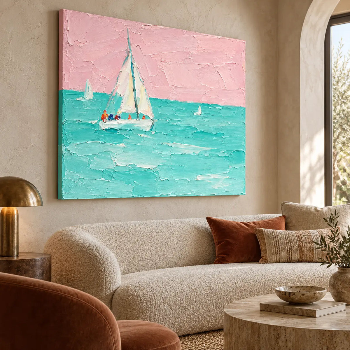 Rose Sky Regatta above a curved sofa with a rust velvet cushion and low stone table