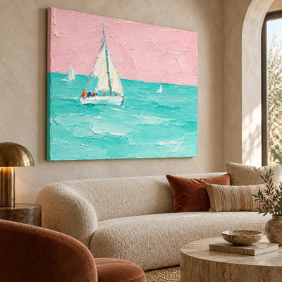 Rose Sky Regatta above a curved sofa with a rust velvet cushion and low stone table