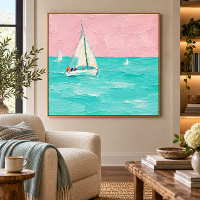 Rose Sky Regatta above a neutral sofa beside open shelves and a blue throw