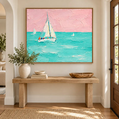 Rose Sky Regatta above an entry console beside a glazed door and sunlit woven rug