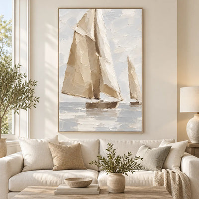 Sails in Soft Light above a cream sofa beside a bright window and ceramic lamp