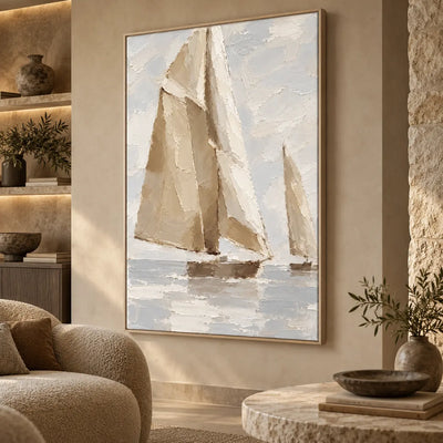 Sails in Soft Light beside a rounded chair, illuminated shelves and a stone coffee table