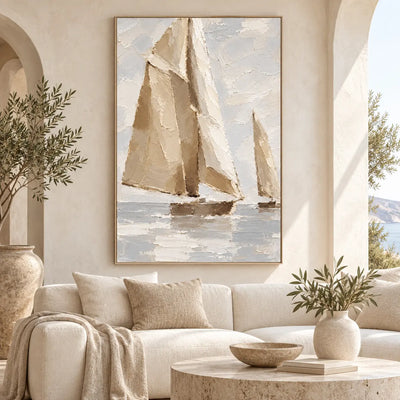 Sails in Soft Light above an ivory sofa beside an arched opening and olive branches
