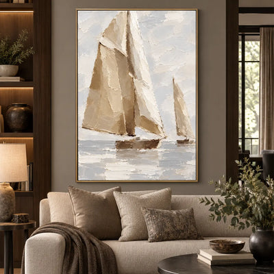 Sails in Soft Light above a taupe sofa between dark shelves and a tall window