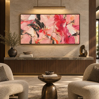 Scarlet Sweeps in Open Pink: beneath a hanging picture light above a ribbed wooden console