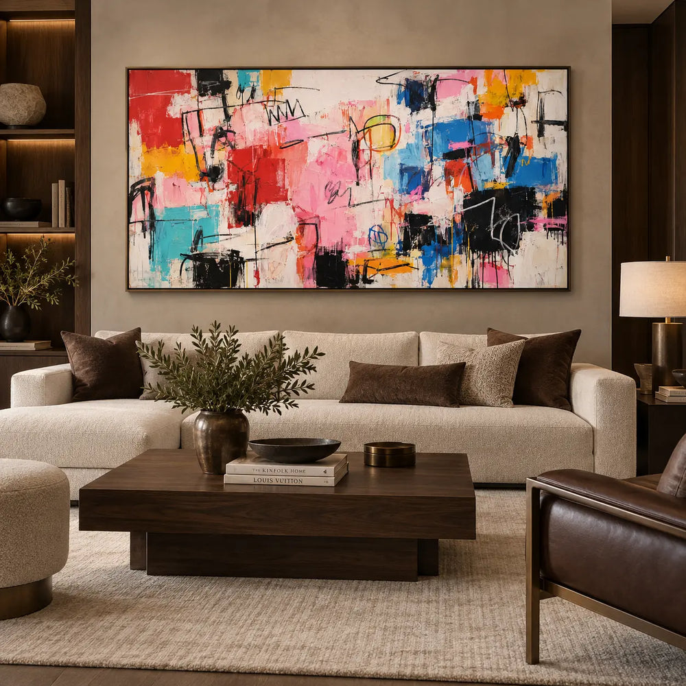 Signals on a Rose Field: above a cream sofa with brown cushions and a wooden table