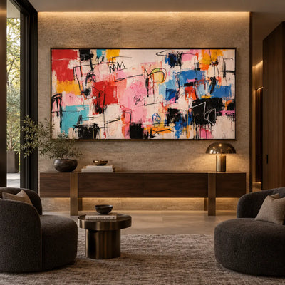 Signals on a Rose Field: above a walnut console between upholstered chairs and a brass lamp