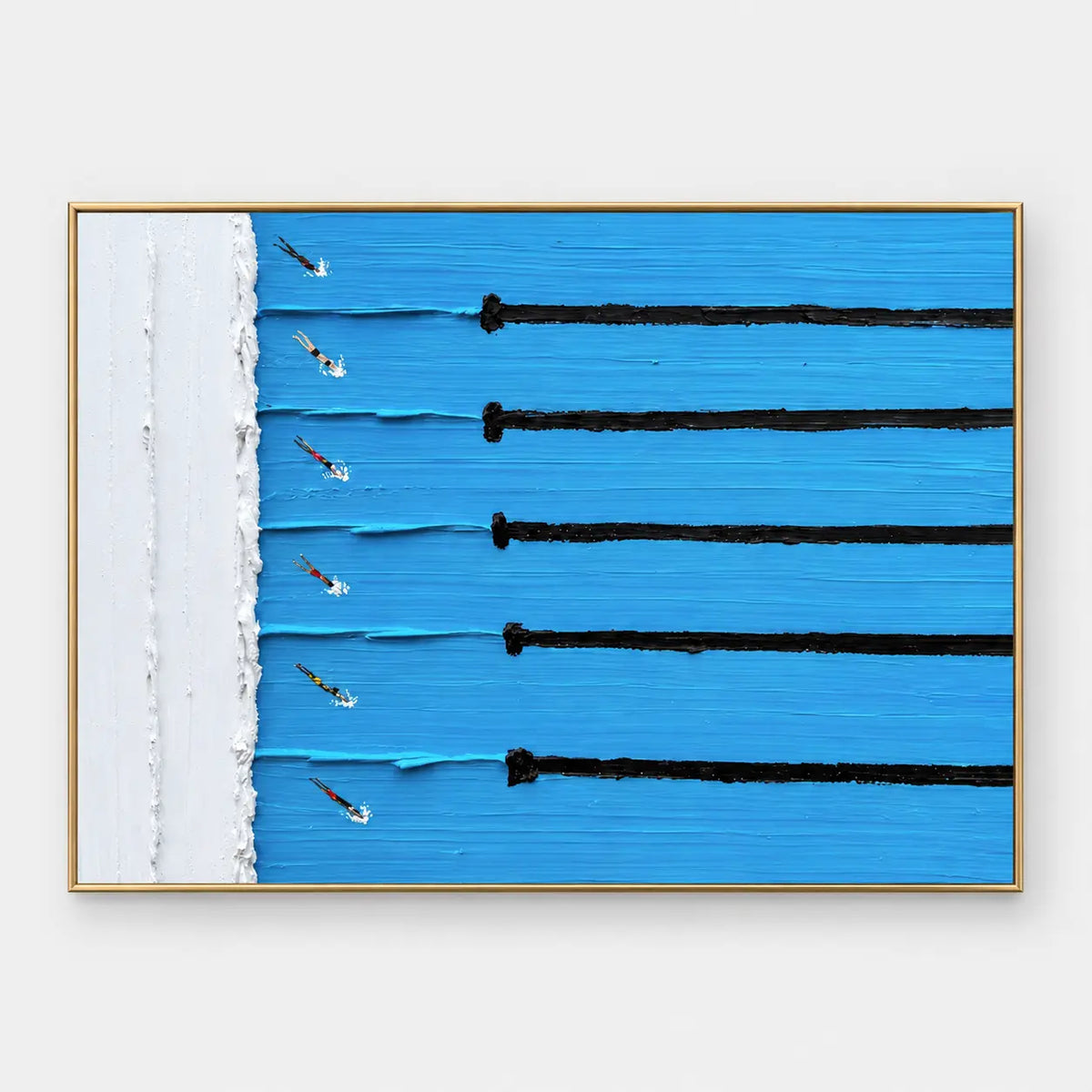 Six Lanes from the Edge: Six tiny swimmers enter bright blue parallel pool lanes from a white deck strip at left
