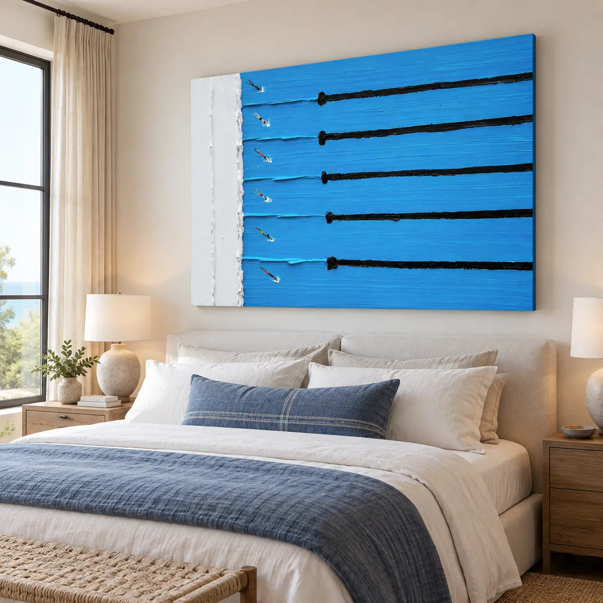 Six Lanes from the Edge: above a white bed with a blue throw and woven bench