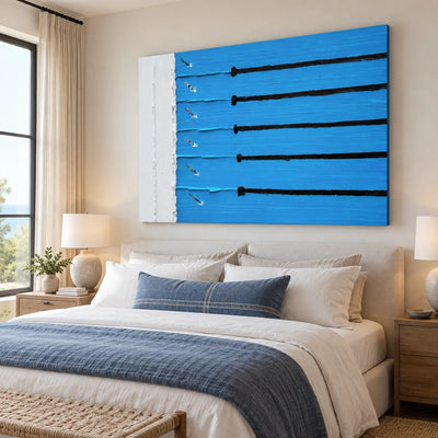 Six Lanes from the Edge: above a white bed with a blue throw and woven bench