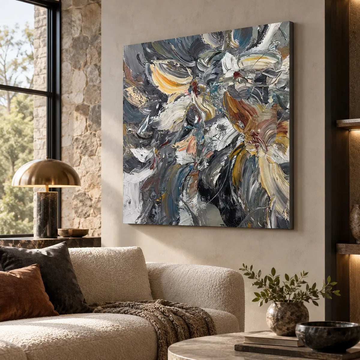 Slate in Motion: Angled view of painting above an ivory sofa beside a stone wall