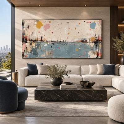 Small Orbits Over Still Blue: above a white sofa with blue cushions and a rectangular marble table