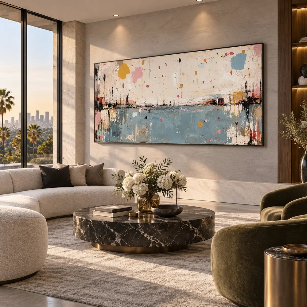 Small Orbits Over Still Blue: above a pale sofa behind a round marble table with white flowers