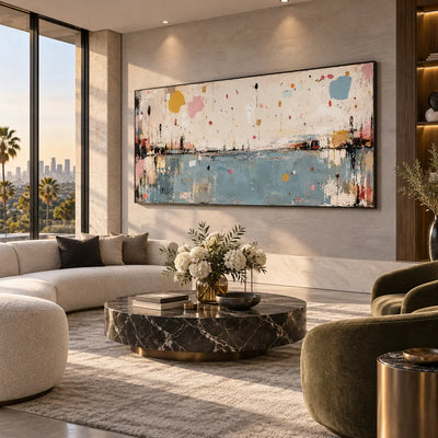 Small Orbits Over Still Blue: above a pale sofa behind a round marble table with white flowers