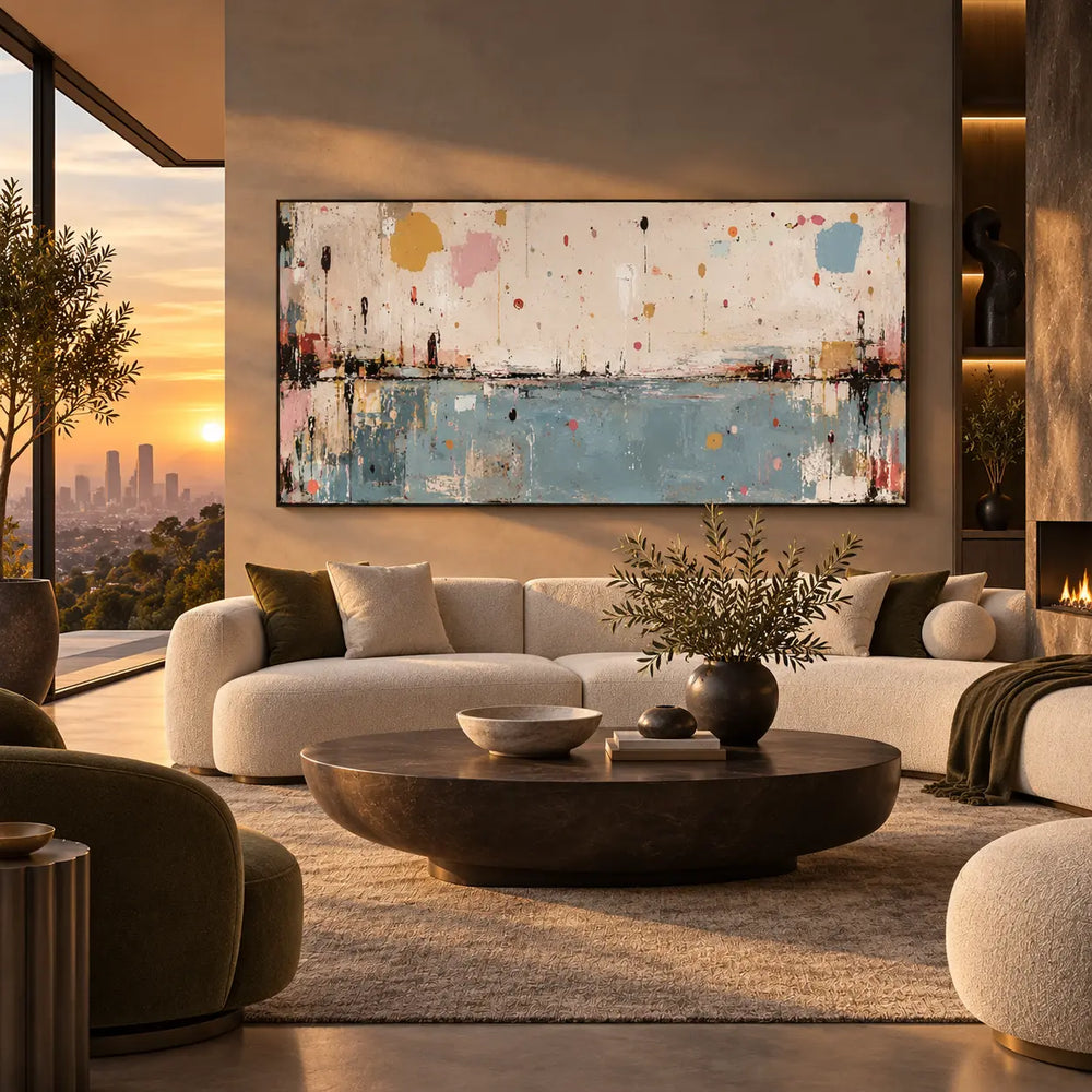 Small Orbits Over Still Blue: above a cream sectional with green cushions beside a sunset view