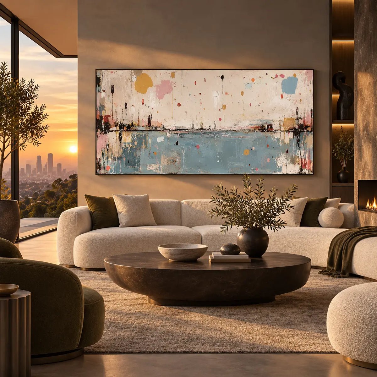 Small Orbits Over Still Blue: above a cream sectional with green cushions beside a sunset view