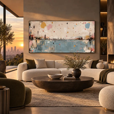 Small Orbits Over Still Blue: above a cream sectional with green cushions beside a sunset view