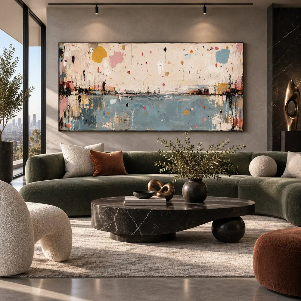 Small Orbits Over Still Blue: above a curved green sofa and oval stone table beneath track lights