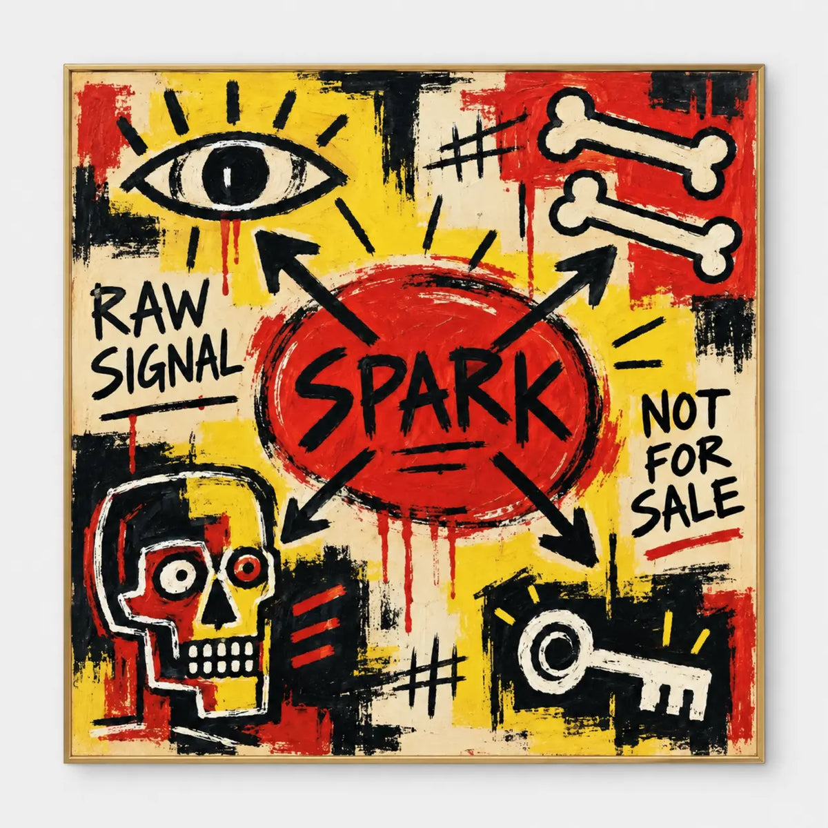 Red SPARK oval with arrows pointing toward an eye, bones, skull and key on yellow and black patches