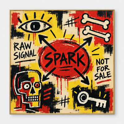 Red SPARK oval with arrows pointing toward an eye, bones, skull and key on yellow and black patches