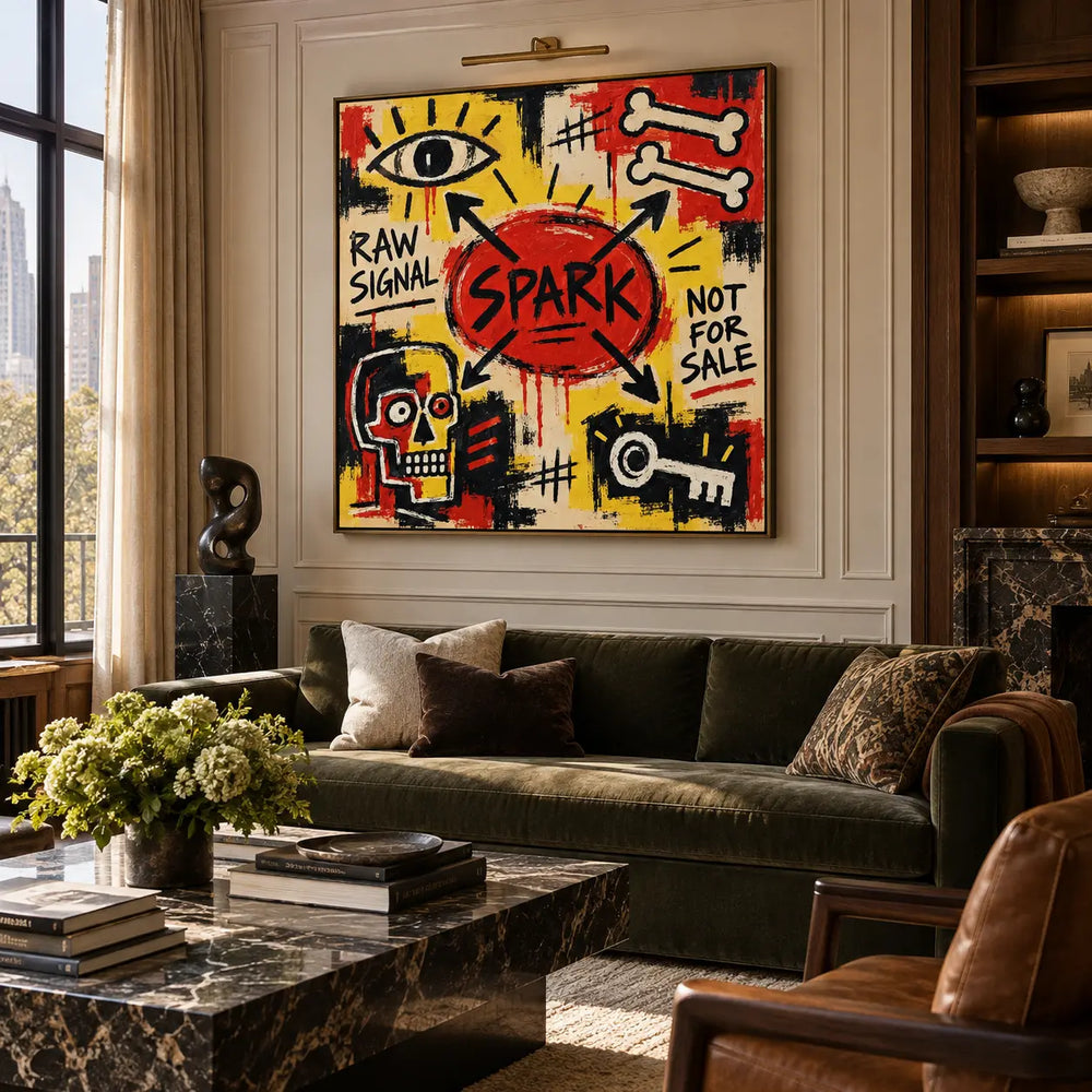 Spark at the Crossroads: artwork above a green sofa beneath a picture light on a paneled wall