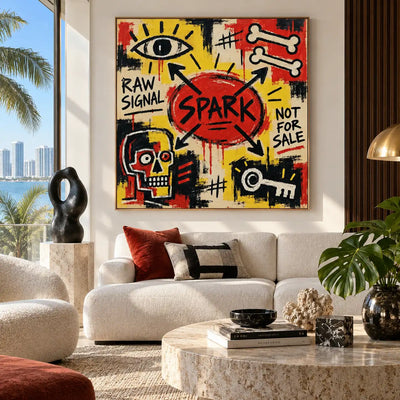 Spark at the Crossroads: artwork above white seating beside a bright balcony window and a black abstract sculpture